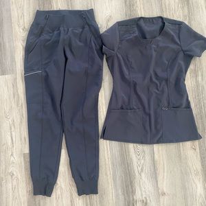 Cherokee Infinity Scrubs 5-Pocket Tapered Cargo Joggers + Round Neck Top. pewter